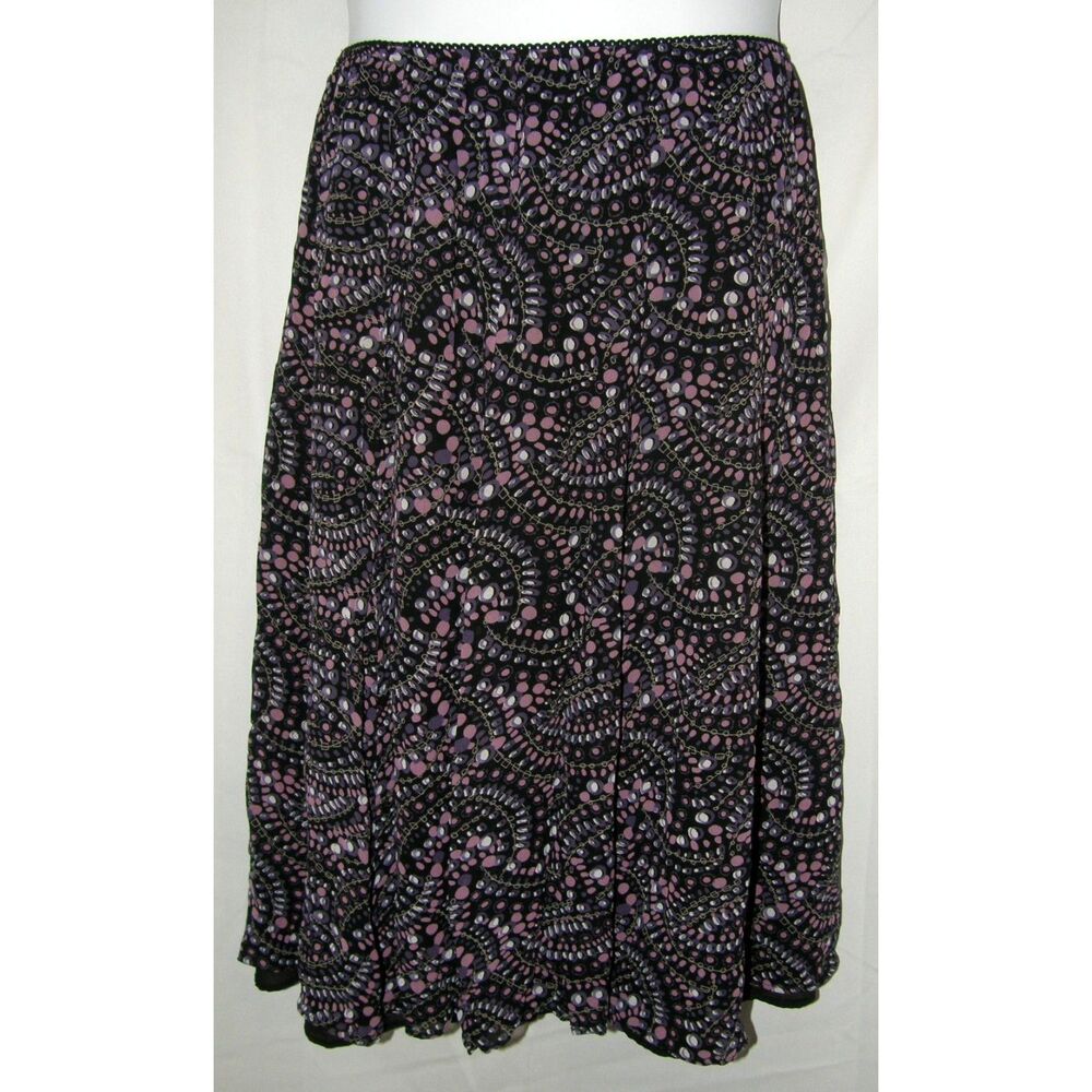 Black & Purple Print Sz 14 Petite Elastic Waist Lined Flowy Skirt JM COLLECTION